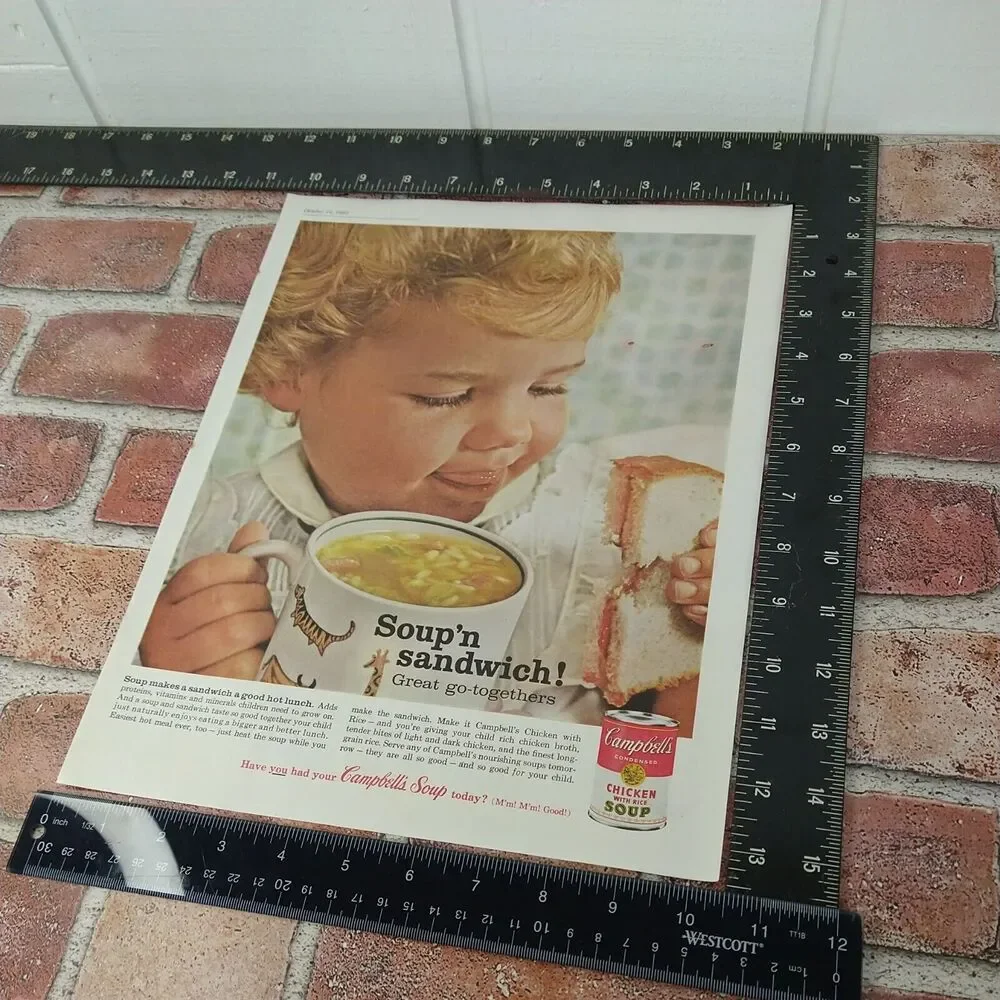 Campbell's Soup N Sandwich - Girl Bowl Chicken Soup - 1961 Vtg PRINT AD Ephemera